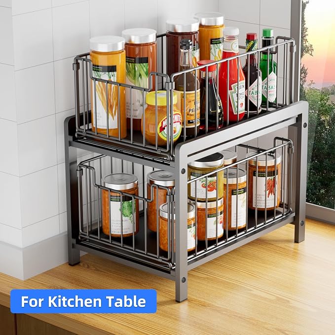 2-Tier Pull Out Cabinet Organizer, Slide Out Under Sink Organizer | Metal Cabinet Baskets with Mesh Sliding Drawer for Home, Office, Bathroom, Kitchen, Pantry Storage Shelf, Large Black