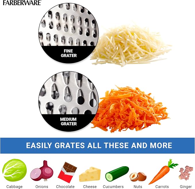 Farberware Professional Box Grater with Container, Stainless Steel Coarse and Fine Blades, Nonslip Base, Easy-Grip Handle, Dishwasher Safe - Cheese, Vegetable, Chocolate Grater with Catch Tray