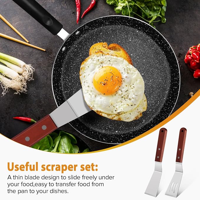 Small Metal Spatula Set for Cast Iron Skillet,Mini Wooden Spatulas for Kitchen Use,Thin Beveled Edge Stainless Steel Cookie Brownie Spatula Turner Server for Cake Egg Serving Cutting Flipping,2 Pcs