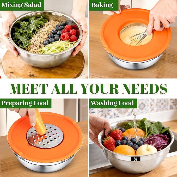 8PCS Mixing Bowls with Lids Set - 5 Nesting Mixing Bowls, 3 Grater Attachments, Lids, Stainless Steel Mixing Bowls for Mixing & Serving, Size 1.5/2.1/3.5/4/4.5 QT, Colorful
