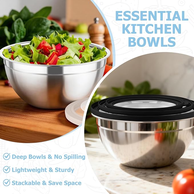 TeamFar Mixing Bowls, 4.5/3/1.5 QT Stainless Steel Nesting Salad Bowls with Airtight Lids, For Serving/Mixing/Storing/Prepping, Non-Toxic & Sturdy, Visible & Easy Clean, Black, Set of 3