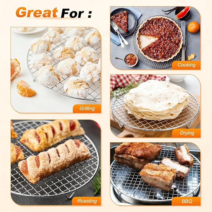 M METERXITY 2-Pack Cooling Rack 9.1" Round 201 Stainless Steel, Silver | Cross Wire Grate Cooling Racks with Grill Grate Lifter for Grilling, Cooking, Steaming, Baking