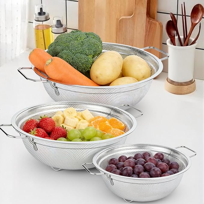Stainless Steel Colander Set of 3 - Micro-Perforated Metal Strainer for Draining Pasta, Washing Rice & Rinsing Vegetables - Heavy Duty & Dishwasher Safe Kitchen Colanders - 2, 3, 5 Quart