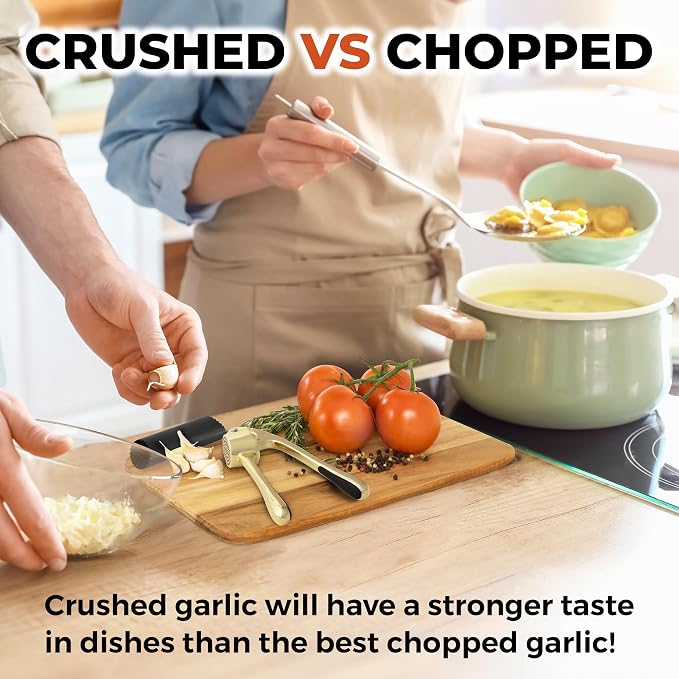 Zulay Kitchen Large Premium Garlic Press Set - Bigger Bowl for Bigger Garlic - Rust Proof Garlic Mincer Tool - Easy-Squeeze, Easy-Clean Silicone Garlic Peeler & Brush (Gold)