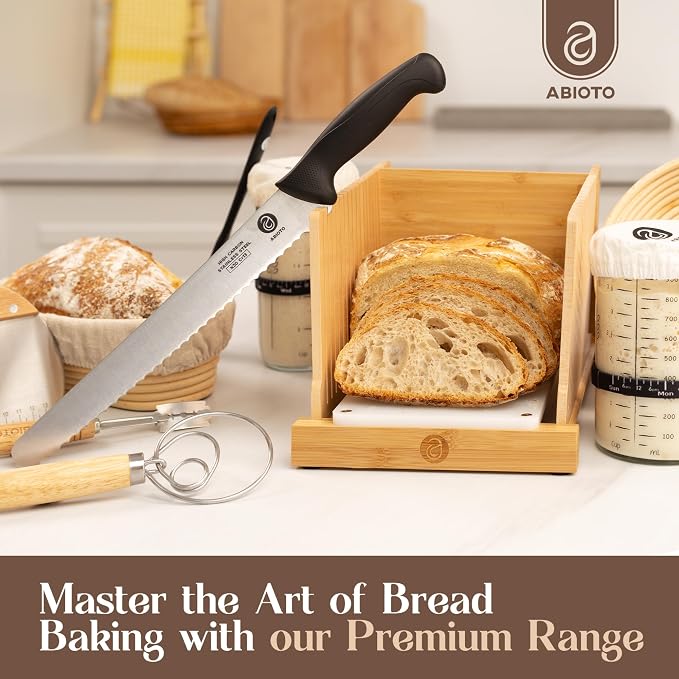 ABIOTO Serrated Bread Knife for Homemade Bread Sourdough - Perfect 11-Inch Sourdough Bread Knife Made of High Carbon Stainless Steel X30 Cr13 with One-Sided Sharp Serrations and Ergonomic Handle
