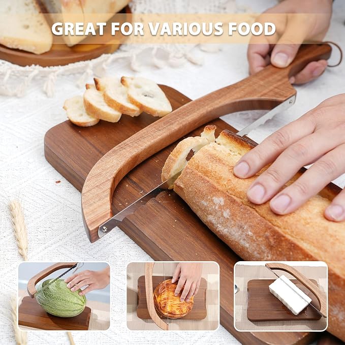 Luzarriba Bread Knife, Bow Bread Knife for Homemade Bread, Sourdough Bread Slicer for Homemade Bread, Sourdough Bread Cutter, Wooden Bread Knife with Cover - Premium Stainless Steel (2, Beech+Metal)