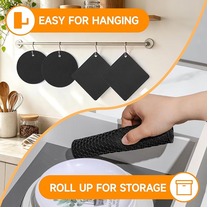 Silicone Trivets for Hot Dishes, Non-Slip Hot Pads for Kitchen Countertop Protector, Heat Resistant Mat for Hot Pots and Pans 4-Pack Food Grade Silicone Black