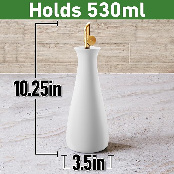 Ceramic Olive Oil Dispenser with Self-Closing Gold Spout, 530mL, Leakproof | Leak Proof EVOO Dispensing Bottle, Stainless Steel Self-Closing Spout, Ergonomic, Durable, Easy Pour, Stylish, 530mL Capacity