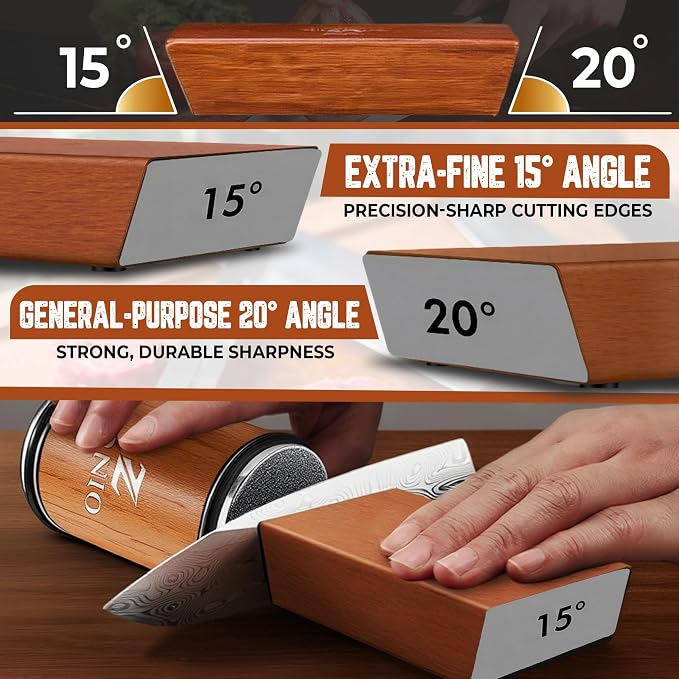 Rolling Knife Sharpener ā 20° Fixed Angle, Roller Knife Sharpener Kit for Kitchen & Pocket Knives, Diamond Grinding & Honing Disc System, Premium Wood Finish Gift Set