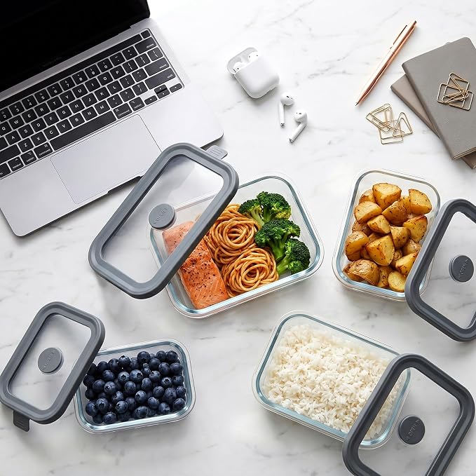 12 Pack Multi-Size Glass Food Storage Containers with Glass Lids | 4 × 33oz, 4 × 21oz, 4 × 13oz Glass Meal Prep Containers with 5 Small Sauce Jars for Microwave/Oven/Freezer/Dishwasher, Grey