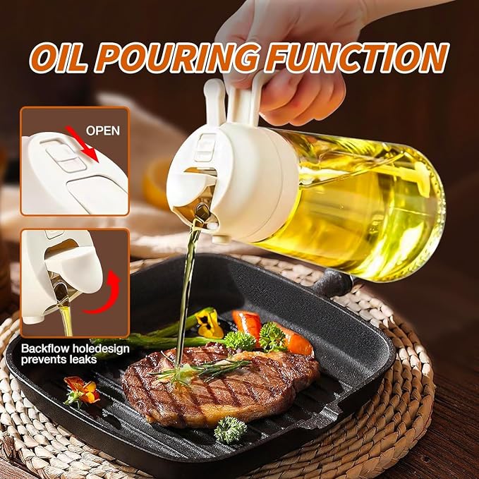 2 in 1 Olive Oil Dispenser With Brush and Sprayer - 16oz Kitchen Bottle (White)