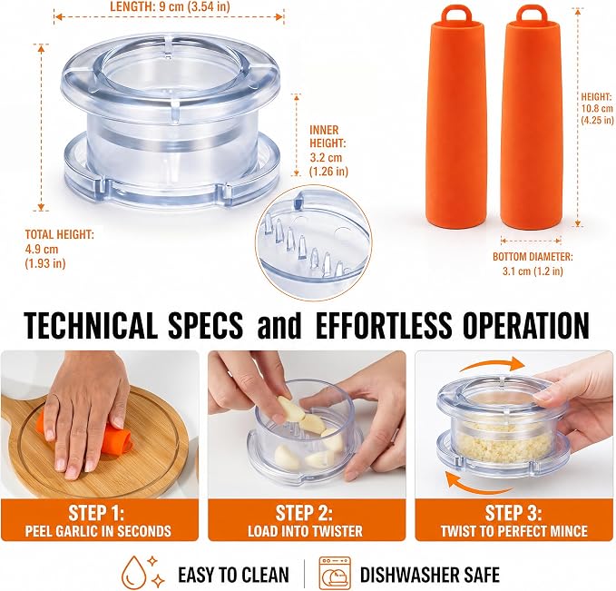 Li&Zhao Effortless Twist-to-Mince Garlic Crusher-Manual Garlic Twister Quick Rotary Action for Garlic Ginger Chili, Includes 2 Silicone Peelers, Easy Use Dishwasher Safe (Transparent)