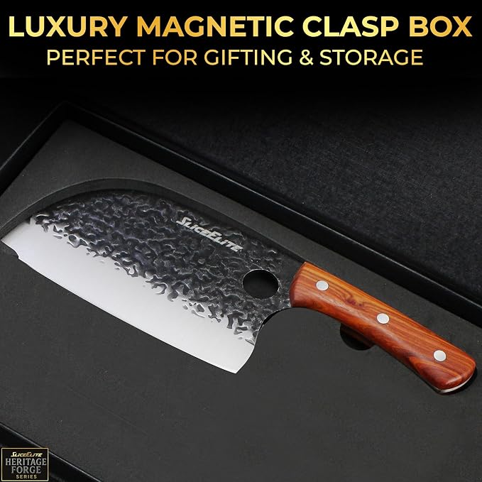 Serbian Chef Knife Vegetable Chopper Meat Cutting Kitchen Knife Food Prep | Hammered Pattern Forged Steel • Full Tang • Sandalwood Handle • Chopping • Slicing • Kitchen • BBQ • Grilling • Outdoor