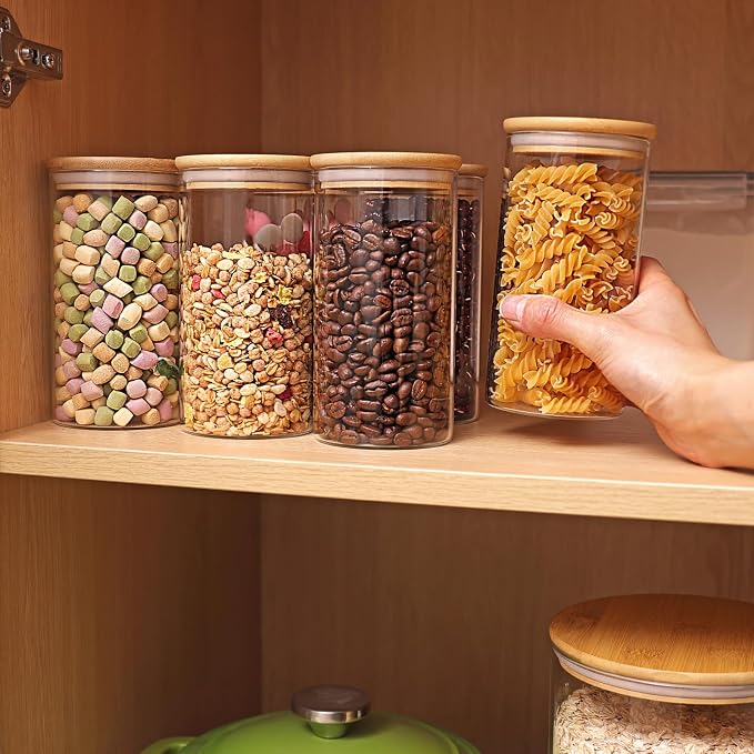 6pcs Glass Food Storage Containers with Bamboo Lids, 0.6qt Glass Jars | Airtight Pantry Storage Jars for Flour, Sugar, Dry Goods