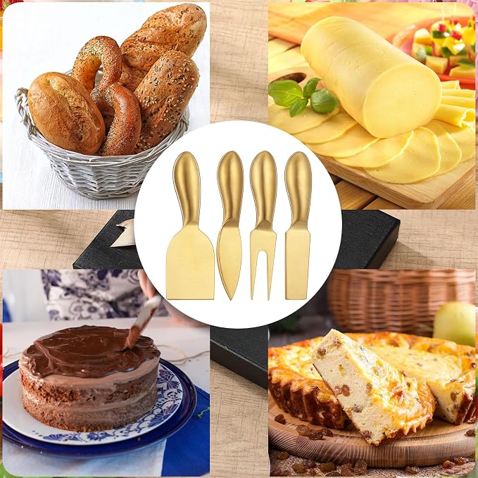 Funnymoom 4 Pcs Gold Cheese Knives Set Stainless Steel Cheese Tools with Slicer and Cutters for Kitchen Board Knife Set for Kitchen Summer Christmas Accessories Housewarming Gift
