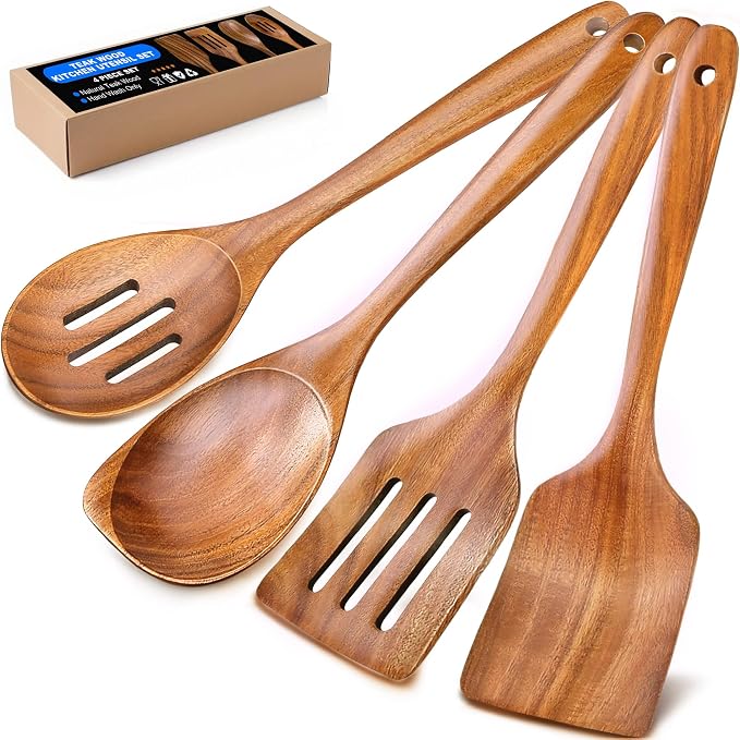 Wooden Spoons for Cooking, 4 Piece Teak Cooking Utensils Set | Natural Premium Teak, Large Kitchen Wooden Spoons, Cooking Gifts