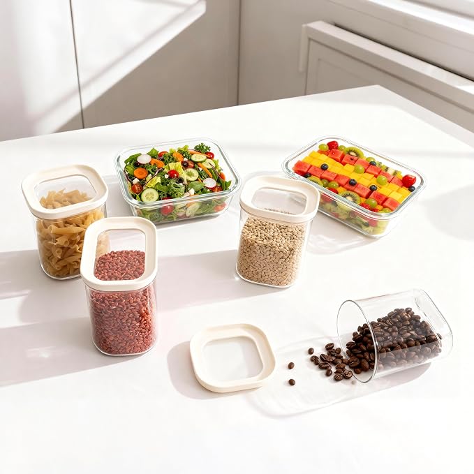 Glass Food Storage Jar with Glass Lid in Square Shape, Food Canister Set with Airtight Lids, Pantry Jars for Kitchen Organization, Food Storage Containers in Set of 6