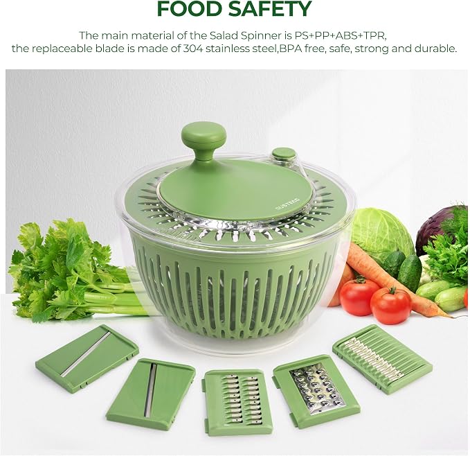 SUSTEAS Salad Spinner Large, Vegetables Wash Bowl, Fruits & Herb Lettuce Dryer with 5 Blade Slicer Egg Yolk Strainer Shredder for Efficient Salad Preparation and Food Washing, 4.25Qt