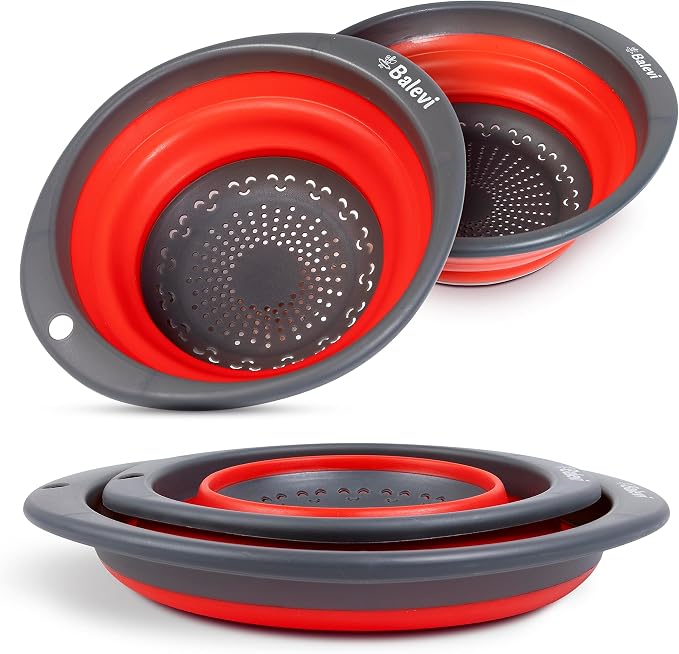 Collapsible Strainers for Kitchen, Red, Set of 2 | Made of Silicone, Collapsible Colander, Little Pegs to Keep Food Elevated