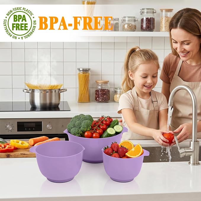 BoxedHome Mixing Bowls Set of 4, BPA Free Plastic,Microwave Safe, Purple | 4.5/3.5/2.5/1.7 quarts,Non-slip Base Large Nesting Bowl with Pour Spout, Dishwasher Safe, for Prep, Cooking,Baking