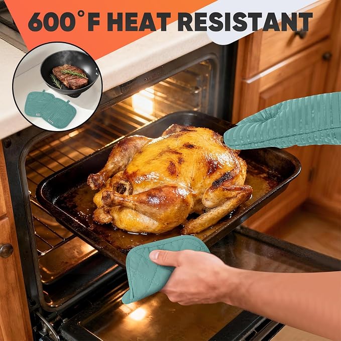 Oven Mitts Kitchen Towels and Dishcloths with Pot Holders Sets, Oven Gloves Hot Pads 500°F Heat Resistant with Silicone Grip, Include 2 Cooking Gloves/2 Potholders/4 Kitchen Towels/4 Dish Towels
