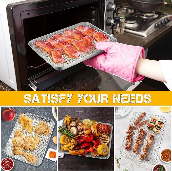 P&P CHEF 10.4 Inch Toaster Oven Pan Tray with Wire Rack, 2 PCS | Baking Sheet Pan + Cooling Rack for Cooking/Roasting, Dishwasher Safe & Rust Free, Non-toxic & Sturdy