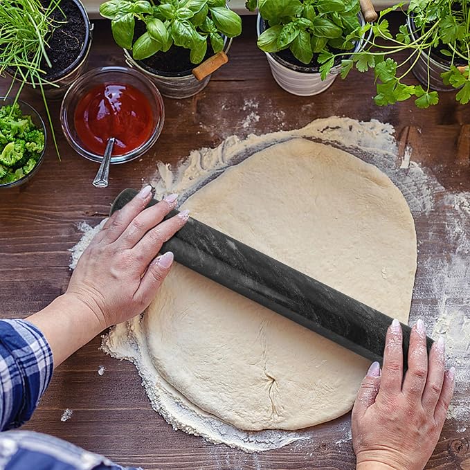 ComSaf Marble Rolling Pin with Wood Cradle 12 Inch Black, Non-Stick Dough Roller Professional Essential Kitchen Utensil French Heavy Duty for Baking, Pizza, Fondant, Pie Crust, Cookie, Pastry