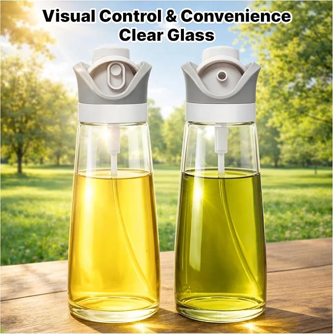 2 In 1 Oil Dispenser And Spray Bottles, Two pack 11.5 Oz Bottles, Glass Olive Oil Sprayer For Cooking, Baking, Air Fryer, Salad And BBQ, Controlled Pour And Spray