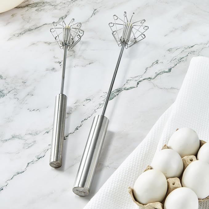 BergHOFF Essentials 2Pc Stainless Steel Miracle Whisk Set, Rotate Balloon Head, Heavy-duty Handle, Beating Eggs, Dough, Mixing, Stirring, Silver