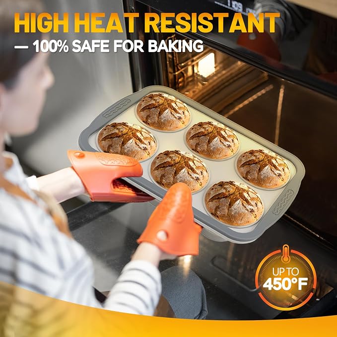 Silicone Muffin Pan, 6 Cups Non-Stick Cupcake Pan, Food-Grade BPA-Free Muffin Tin, Oven-Safe 450 °F, Reinforced Steel Frame, Easy-Grab Handles, Quick-Release 2.7" Baking Molds for Mini Treats