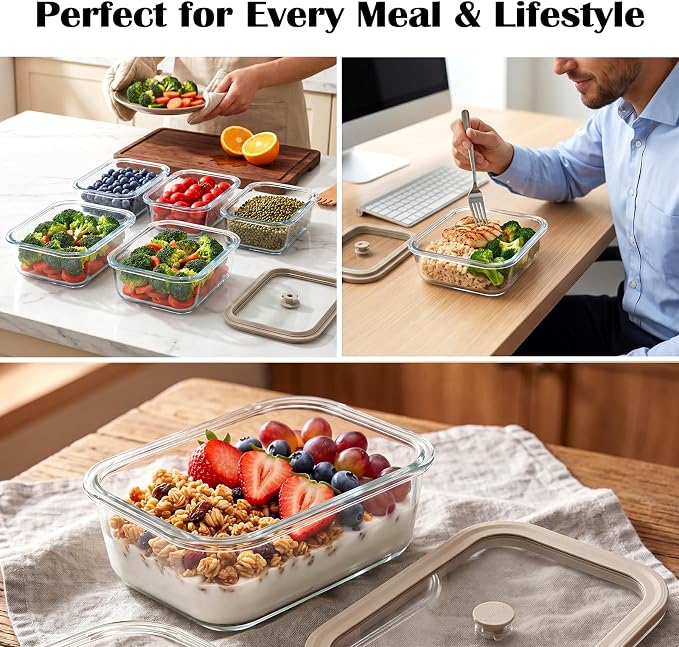 50 oz Glass Food Storage Containers with Glass Lids, 2 Pack | Non Toxic Meal Prep Containers, Airtight Glass Lunch Containers for Fruits, Vegetables, Microwave, Dishwasher