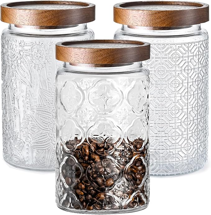 Glass Storage Containers With Lids, Glass Jars With Lids, 32oz, Set Of 3 | Airtight Glass Food Storage Containers, Kitchen Canisters For Sugar, Coffee, Tea, Spice, Flour, Candy, Pasta, Cereal