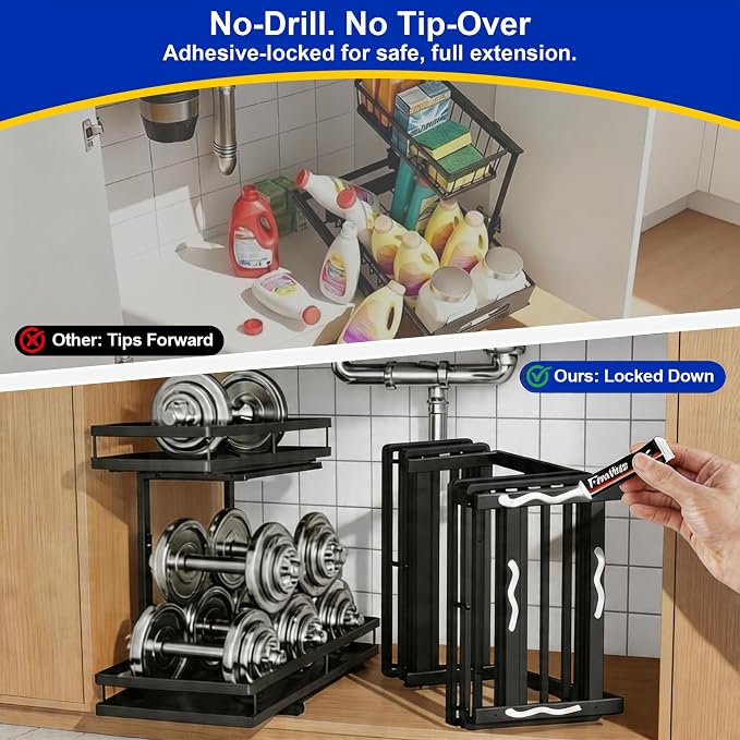 2-Tier Metal L-Shaped Pull-Out Under Sink Organizer, Black, 1 Pack | 1 complete set; ball-bearing slides; 6-level height; no-drill setup