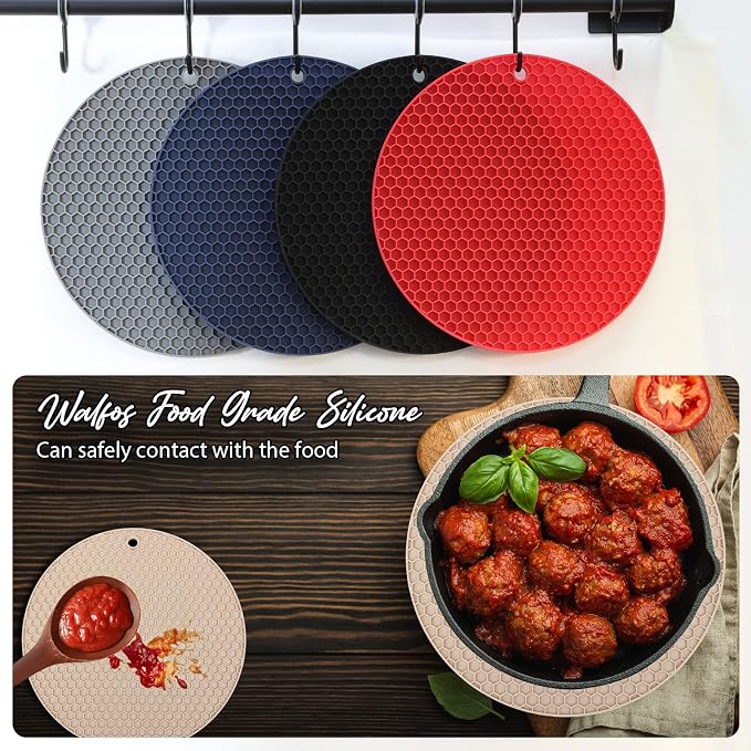4 Pack Silicone Trivet for Hot Dishes | Heat Resistant Silicone Pot Holders for Kitchen Countertops, Hot Dishes, Jar Opener, Spoon Holder, Easy to Wash, Khaki