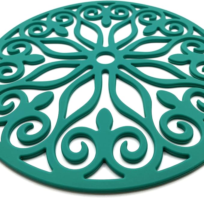 3 Set Silicone Trivet Mats with 1 Extra Large Included | Intricately Carved Insulated Flexible Durable Non Slip Thick Round Premium Trivets for Hot pots and Pans | Mint Green