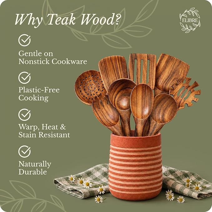 Elibre Premium 9 Piece Teak Wooden Kitchen Utensil Set | Includes Wooden Spoon, Spatula, Slotted Spoon, Ladle, Serving Tools | Heat Resistant | Non-Toxic & Safe for Cooking | Non-Stick, Gentle on Pans