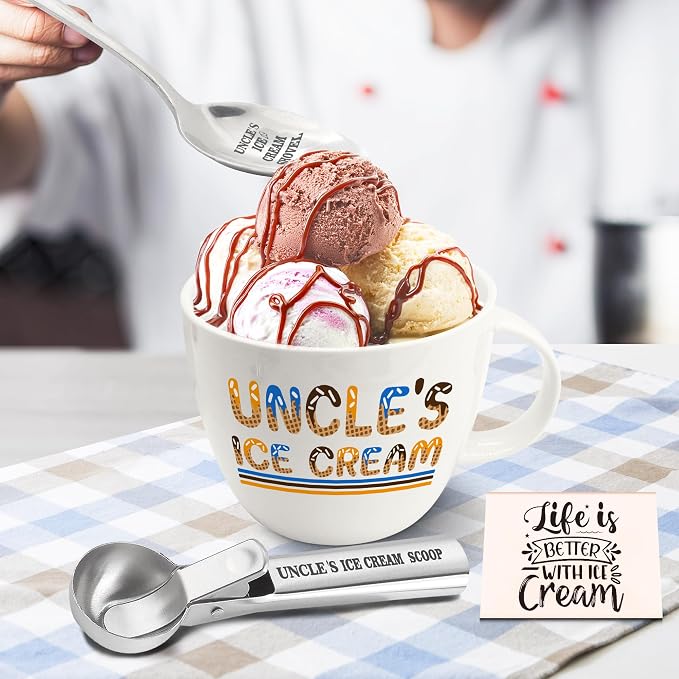 FUTBU Uncle Gifts, Uncle Gifts from Niece/Nephew, Uncle's Ice Cream Bowl Scoop Shovel Spoon Set, Uncle’s Ice Cream Gift Xmas Birthday Father's Day Present for Him
