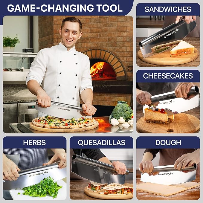 18-Inch Pizza Cutter Rocker Blade, 304 Stainless Steel Slicer Knife, Silver | Protective cover included, one-piece design, food-grade stainless steel, suitable for extra large pizzas