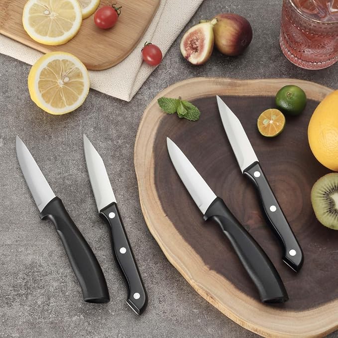 BEWOS 4-Piece Paring Knife Set - Paring Knives with Ergonomic Handle, 3.5 Inch Triple Rivet Paring Knives, Stainless Steel Black Parers for Vegetable, Fruit & Kitchen Use