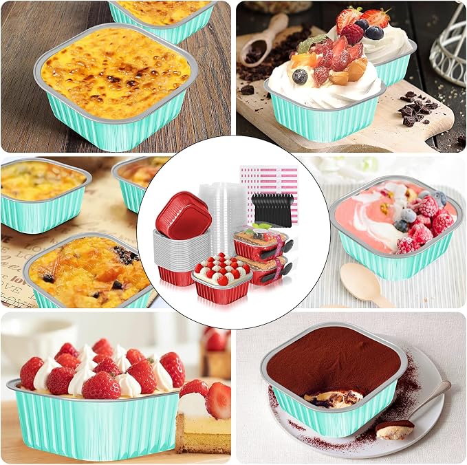 10oz Mini Cake Pans with Lids, 40 Pack Aluminum Foil Brownie Pans,Disposable Ramekins Muffin Tins,Square Baking Pans Cupcake Cups,Individual Dessert Containers Flans for Brownie - Blue