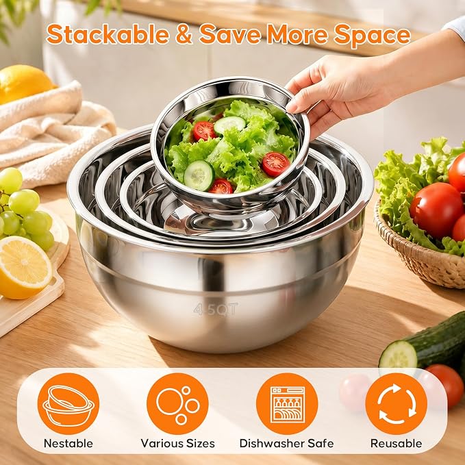 Stainless Steel Mixing Bowls with Lids Set, 4 Pack Cooking Bowls | Nesting Mixing Bowls with 3 Grater Attachments, Kitchen Airtight Metal Bowls, Size 4.5, 2.7, 1.5, 0.7QT for Mixing, Baking