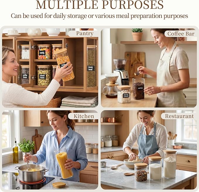 SENTVEND 24 Oz Glass Jars - 6 Pack Food Storage Containers with Lids Square | Food-grade durable clear canister, Bamboo seal cover, Stackable, BPA-Free, Ideal for sorting oats, Coffee beans, Nuts & More