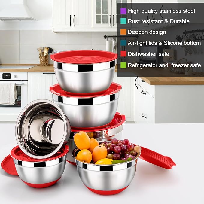 LIANYU Mixing Bowls Set of 6 with Airtight Lids, Non-slip Bottom | Large Metal Size 7, 3.5, 2.5, 2, 1.5, 1QT, Stainless Steel Nesting Bowls for Cooking, Baking, Food Storage, Red