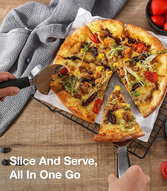 Pizza Cutter Wheel & Pie Server Set of 2, Stainless Steel Slicer with Sharp Blade and Ergonomic Handle, Shovel Server with Serrated Edges for Pizza, Pie, Cake