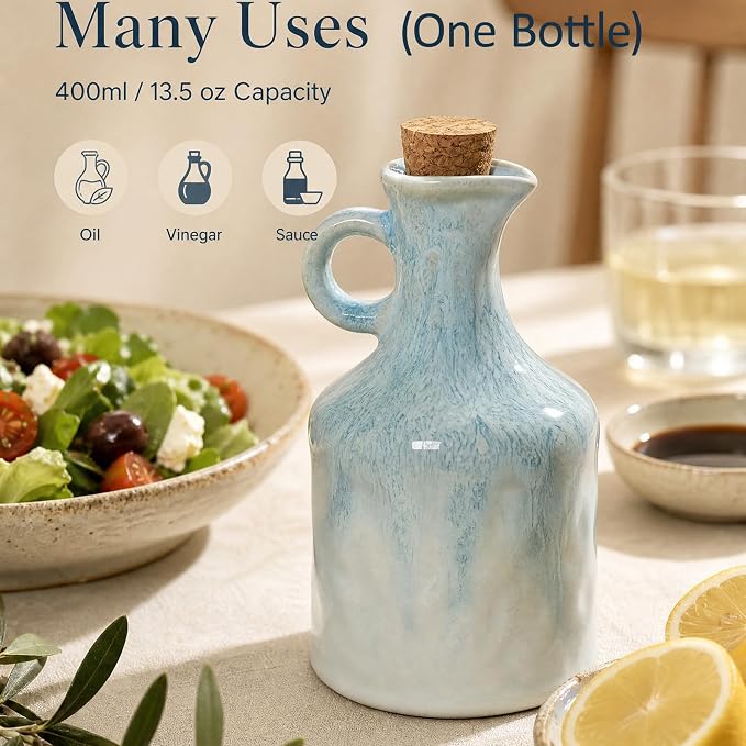 Blue White Ceramic Olive Oil Dispenser Bottle with Cork Stopper 13.5Oz | Reactive Glaze Texture Oil Bottle, Leak Proof Small Spout,Great for Storing Vinegar, Wine, Soy Sauce, Lemon Juice