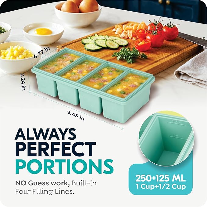 Silicone Freezer Trays with Lids, 1 Cup & 1/2 Cup Combo, Soup Container Style Ice Cube Trays, Reinforced Steel Rims, For Freezing Broth, Meal Prep and other dishes, Dishwasher & Oven Safe - 2 Pack