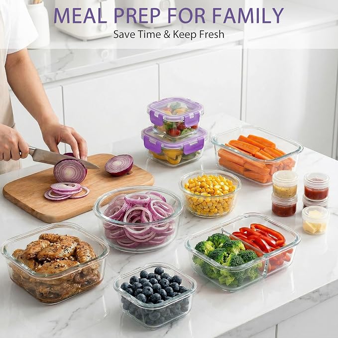 AMALEKO 42pcs Glass Food Storage Containers with Lids Set, 21 Containers & 21 Lids Glass Meal Prep Containers with Snap Locking Lid Set, Leak Proof Lunch Container BPA-Free,Purple