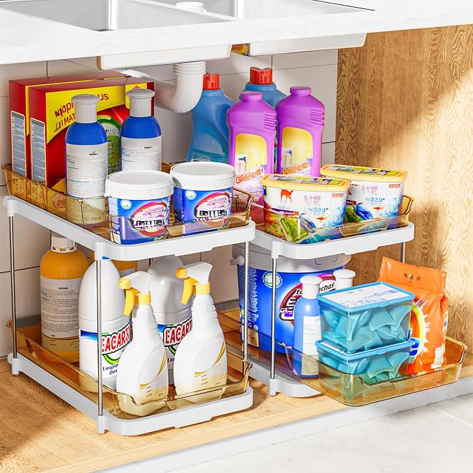 Delamu 2-Tier Multi-Purpose Bathroom Under Sink Organizers and Storage, Stackable Kitchen Pantry Organization, Pull Out Medicine Cabinet Organizer with Movable Dividers, Golden, 2 Pack