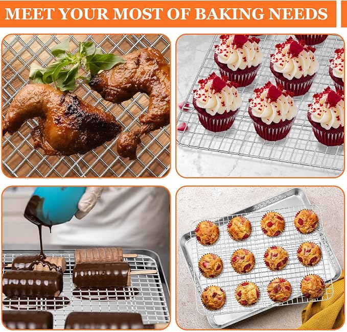 Quarter Sheet Pan with Cooling Rack, Leonyo 1/4 Cookie Sheets for Baking, Wire Rack for Cooking, Nonstick & Stainless Steel Baking Tray for Toaster Oven, Bacon - Size 12.5"x 9.7", 2 Trays + 2 Racks