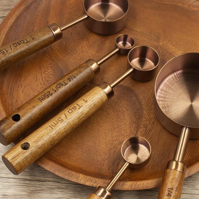 Measuring Cups and Spoons Set of 8, Stainless Steel Measuring Cup with Wooden Handle, Kitchen/Food/Liquid/Baking (Copper)